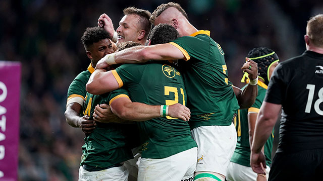 South Africa players celebrate a try against New Zealand at Twickenham during 2023 summer internationals