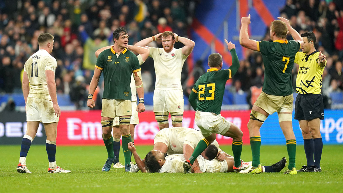 South Africa players celebrate victory over England in 2023 Rugby World Cup semi final