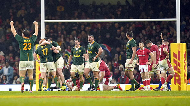 South Africa players celebrate victory over Wales in 2021 autumn internationals