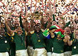 South Africa players lift Webb Ellis Cup after victory over New Zealand in 2023 Rugby World Cup final