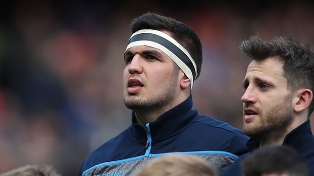 Stuart McInally during anthems in 2019 Six Nations