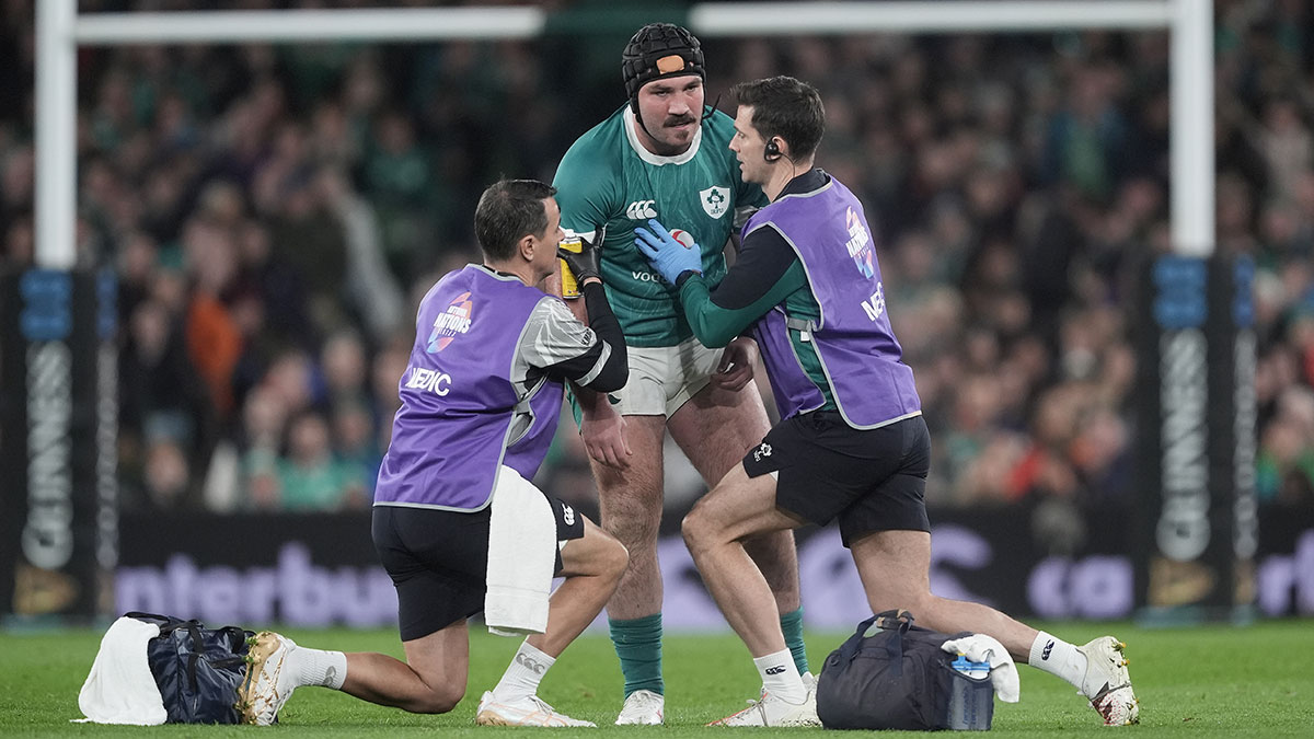 Tom O'Toole receives treatment during Ireland v New Zealand match in 2024 autumn internationals