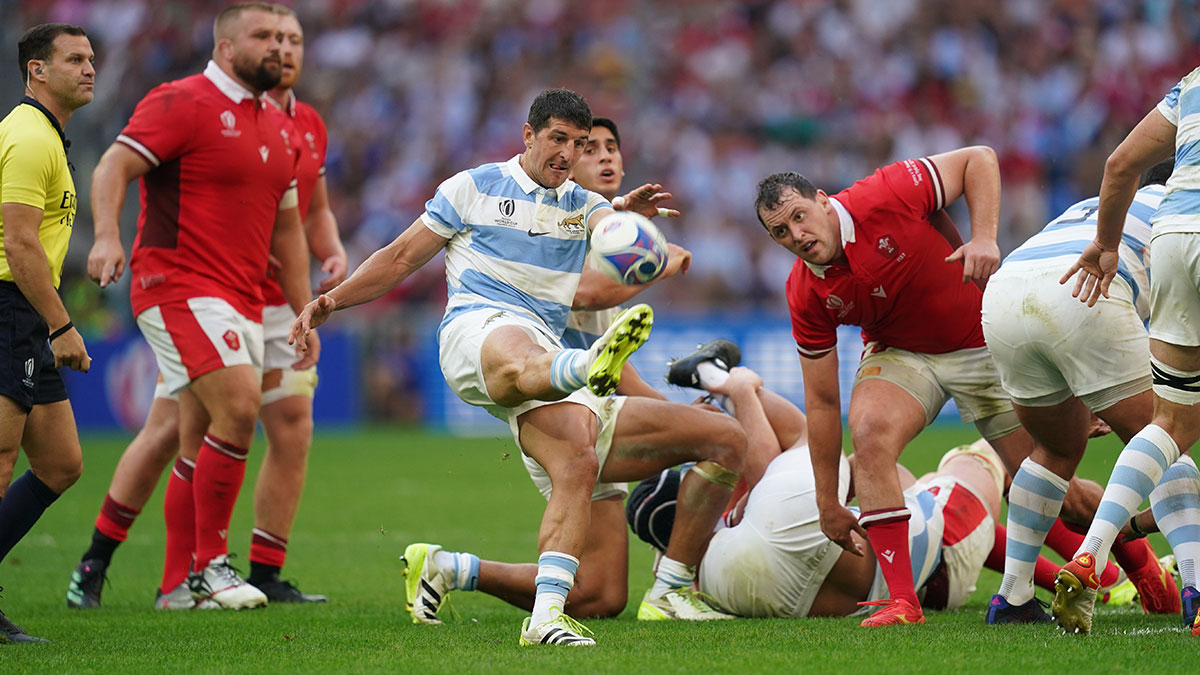 Tomas Cubelli kicks for Argentina against Wales in 2023 Rugby World Cup quarter final