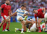 Tomas Cubelli kicks for Argentina against Wales in 2023 Rugby World Cup quarter final