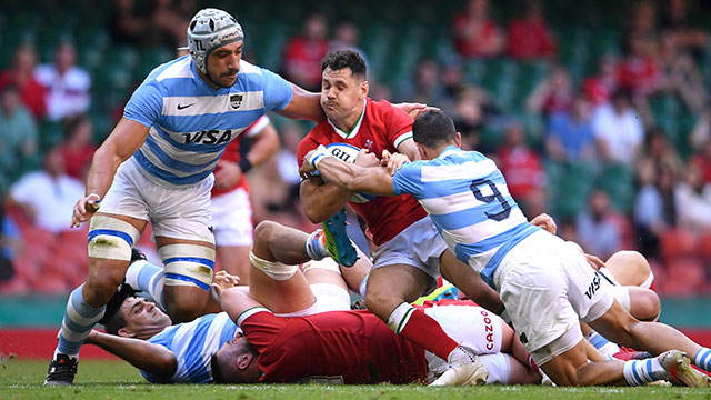 Tomos Williams is tackled by Argentina player during 2021 Summer Internationals