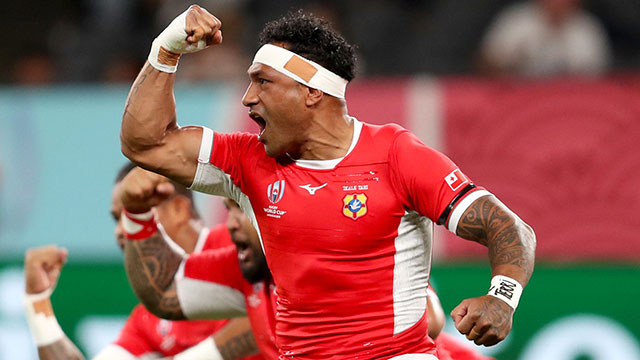Tonga players perform the Sipi Tau at the 2019 Rugby World Cup