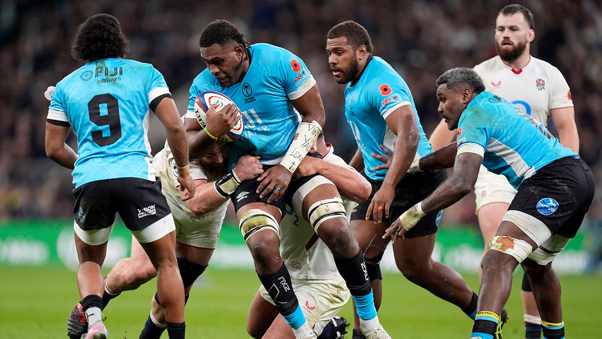 Viliame Mata is tackled during England v Fiji match in 2025 Autumn Internationals
