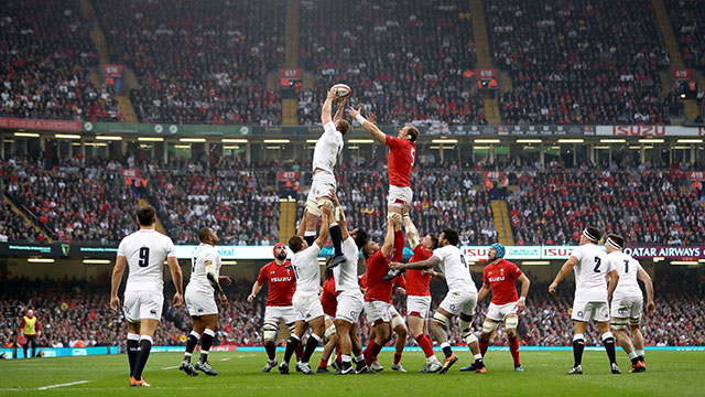 Wales and England compete for a linout at the Principality Stadium during 2019 Six Nations