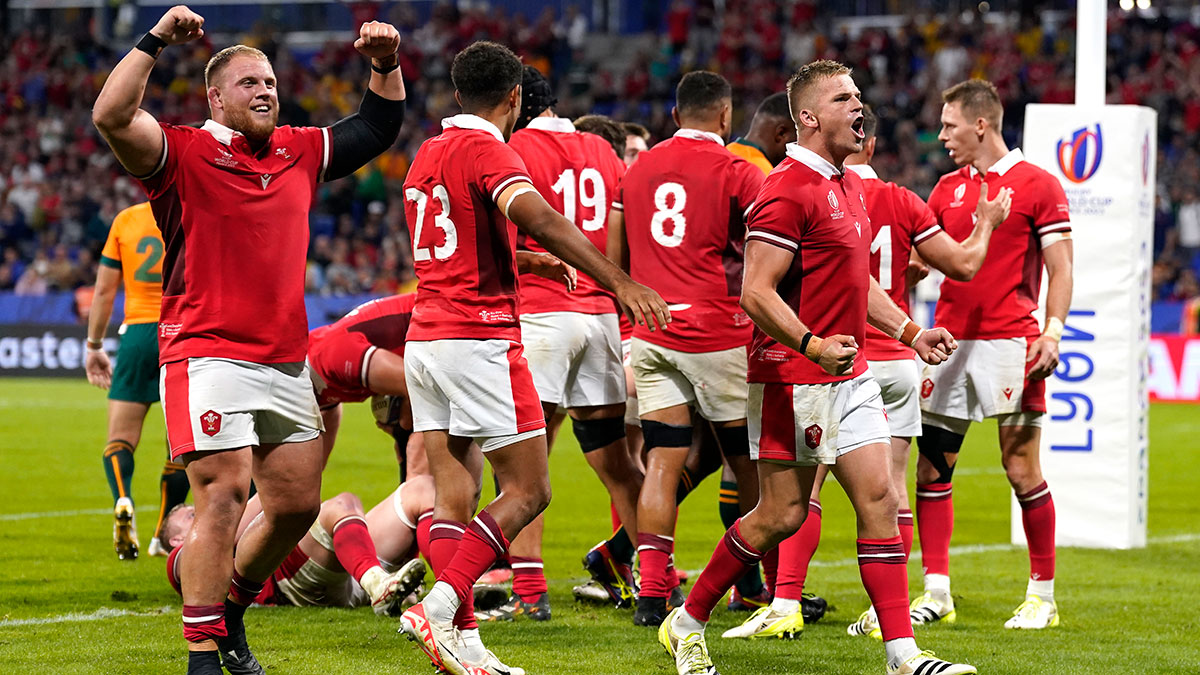 Wales players celebrate victory over Australia at 2023 Rugby World Cup