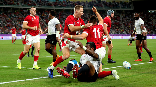 Wales players in action against Fiji at 2019 Rugby World Cup