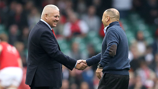 Warren Gatland and Eddie Jones shake hands during 2019 Six Nations