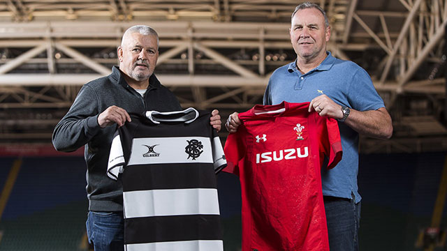 Warren Gatland and Wayne Pivac hold up Barbarians and Wales shirts