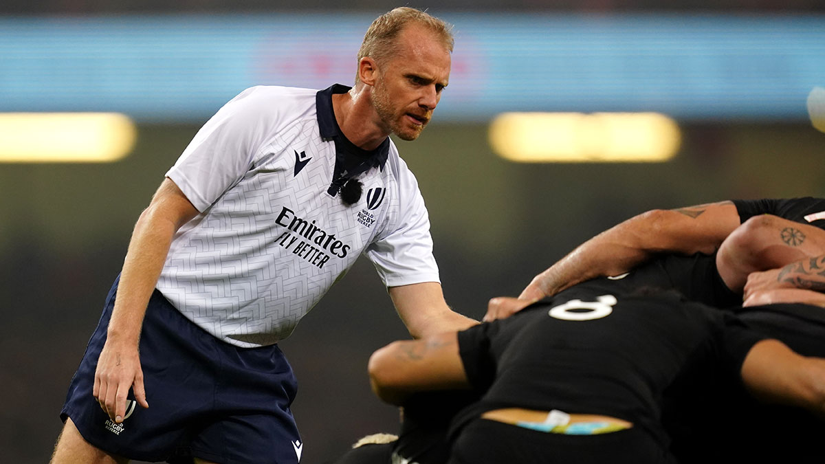 Wayne Barnes refereeing the Wales v New Zealand match during 2022 Autumn Internationals