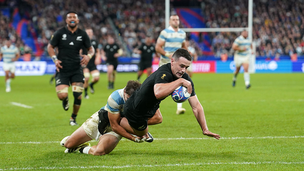 Will Jordan scores a try for New Zealand against Argentina in 2023 Rugby World Cup semi final